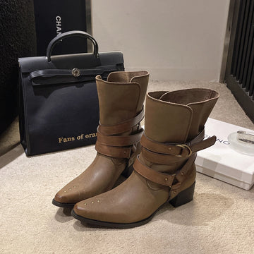 Xajzpa New Style Fashion Women's Winter Pointed Toe Western Ankle Boots Women Square Heels Goth Short Booties Buckle Strap Casual Shoes